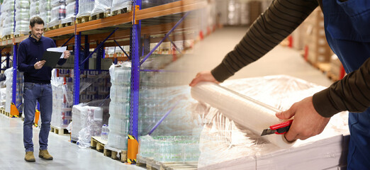 Sticker - Distribution. Happy manager and worker in warehouse, double exposure. Banner design