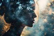 Double exposure of a woman head and tree branches in dark key, mental health concept