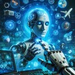  3d rendering humanoid robot working with laptop computer on dark blue background.