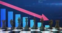 Animation Of Downward Arrow, Graph And Processing Data Over Chess Pieces On Board