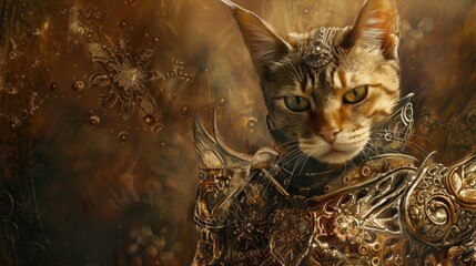 Wall Mural - A painting of a cat wearing a suit of armor.