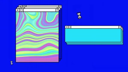 Sticker - Animation of window with pink and green abstract swirl on blue desktop