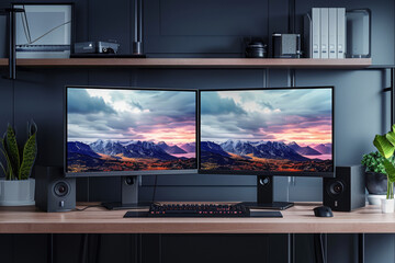 Poster - A dual-monitor setup with an organized desk, tailored for multitasking and efficiency. Concept of tech-savvy and productive home office environments. Generative Ai.