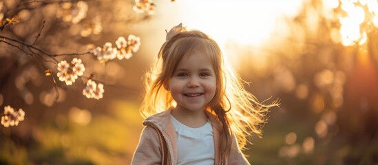 Wall Mural - Happy girl walking outdoors in a spring portrait.