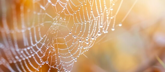 Macro soft focus effect captures close-up drops of morning dew in an autumn web on a cool, foggy morning.