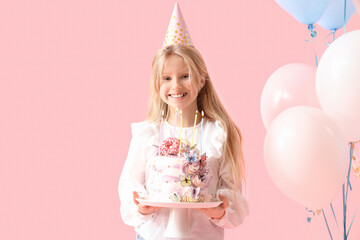 Poster - Cute little girl in party hat with Birthday cake and balloons on pink background