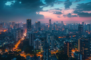 Wall Mural - A panoramic time-lapse of a day-to-night transition in a city, capturing the change from daylight to city lights. Concept of urban day-to-night cycle. Generative Ai.