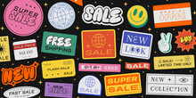 Set Of Retro Sale Stickers Vector Design . Cool Promo Patches Special Offer Discount Illustration. Y2k Label Tags. Online Stoke Shop Signs.
