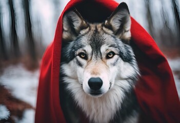 Sticker - AI generated illustration of a Black and gray wolf sitting by trees with a red blanket