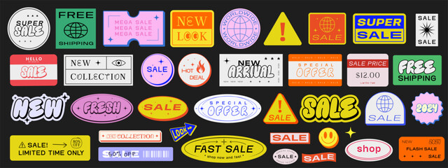 Aufkleber - Set Of Retro Sale Stickers Vector Design . Cool Promo Patches Special Offer Discount Illustration. Y2k Label Tags. Online Stoke Shop Signs.