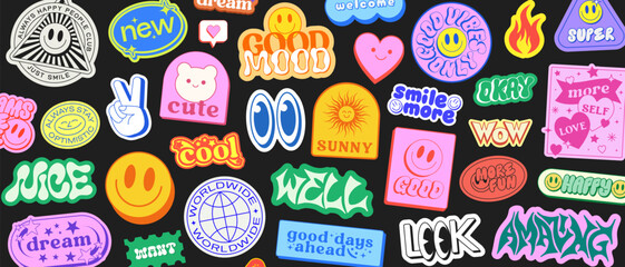 Poster - Cool Y2k Aesthetic Stickers Collage Vector Illustration. Trendy Cute Smile Patches Bundle. Comic Pop Art Graphic Gesign Elements.