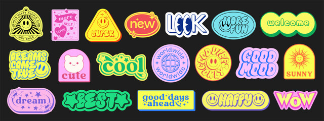 Poster - Set Of Cool Y2k Stickers Vector Design. Collection Of Pop Art Patches. Smile Emoji Graphic Elements. Groovy Badges. Graffiti Street Art Typography.
