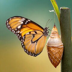 Wall Mural - Amazing moment ,Monarch Butterfly, pupae and caterpillar suspended. Concept transformation