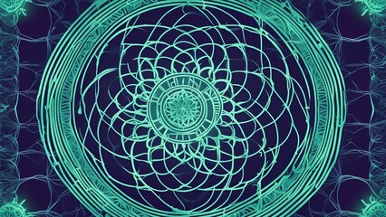 Wall Mural - abstract fractal background a blue seed of life symbol sacred geometry on a light green background. 