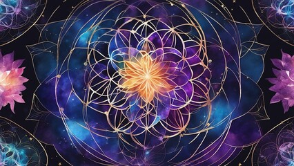 Wall Mural - fractal background A blue and purple watercolor sacred geometry illustration of the flower of life on a black background 