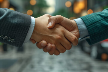 Wall Mural - A dynamic handshake between two business leaders signifies the successful negotiation of a merger, underlining the strategic decisions involved in consolidating market forces.  Generative Ai.