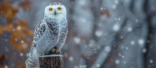 Wall Mural - A Snowy Owl, known as Bubo Scandiacus, stared with intense yellow eyes while perched on a post.