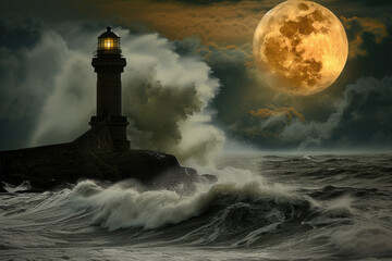  full moon over a lighthouse, with waves crashing on the rocks