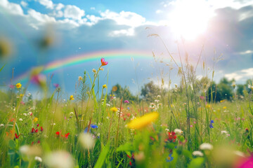 Wall Mural - meadow with tall grass and wildflowers, with a rainbow in the background