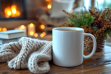 Canvas Print - A coffee mug mockup placed on a cozy desk setting, providing a warm and inviting template for displaying custom mug designs, logos, or promotional messages.  Generative Ai.