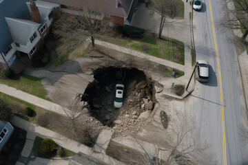 sinkhole opening up in a suburban neighborhood