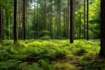  view of a forest with tall trees and a carpet of ferns on the ground