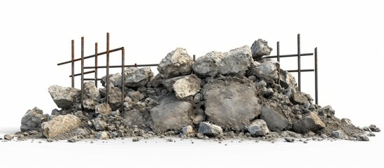 Wall Mural - Ruined building rubble with exposed rebar, isolated on white background.