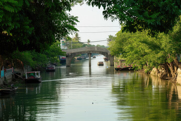 Wall Mural - view of a river with a bridge and boats