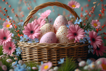 Canvas Print - An intricately decorated Easter basket filled with pastel-colored eggs, chocolates, and spring flowers. Concept of Easter gifts and abundance. Generative Ai.