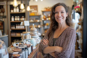 Senior matured woman standing in the coffee shop, Portrait of a mid aged lady standing in a bakery or cafe, Successful senior businesswoman smiling looking at camera, Small business owner testimonial