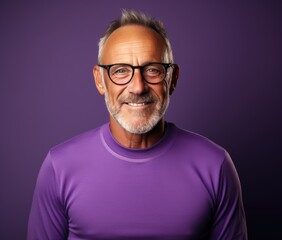 Wall Mural - Portrait of a young smiling man with glasses, highlighted on a purple background with space for inscriptions or text.generative artificial intelligence