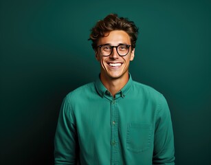 Wall Mural - Portrait of young smiling man wearing glasses isolated on turquoise background with space for inscriptions or text.generative ai