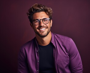 Wall Mural - Portrait of a young smiling man with glasses, highlighted on a purple background with space for inscriptions or text.generative artificial intelligence