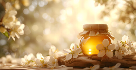 Wall Mural - Text background with a bottle of honey and natural products with a ray of sunshine and warm atmosphere, small white flowers