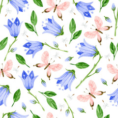  Watercolor bluebells and pink butterflies seamless pattern
