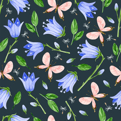Wall Mural - Watercolor bluebells and pink butterflies seamless pattern on dark background