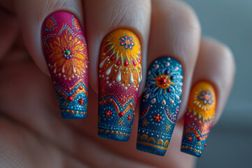 Wall Mural - Holi-inspired nail art showcasing intricate designs and patterns, reflecting the festive spirit down to the smallest details. Concept of cosmetic artistry. Generative Ai.