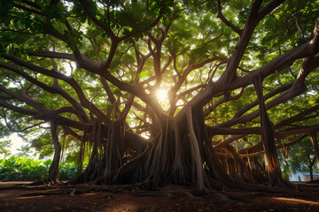 Poster - Banyan (Ficus benghalensis) - India - Banyan trees have aerial roots that grow from branches to form secondary trunks. They are expansive and provide shade over large areas 