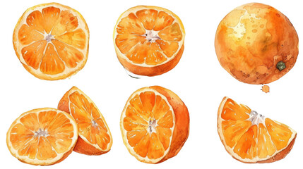 Wall Mural - Watercolor orange fruits. Citrus set with half isolated transparent background. PNG Format.