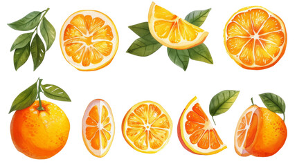 Sticker - Watercolor orange fruits. Citrus set with half isolated transparent background. PNG Format.