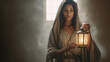 The beautiful woman Mary of Magdalene holding a lantern. A biblical story of women in the bible. female characters.