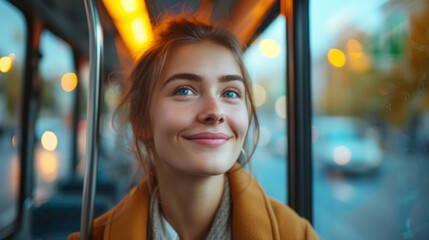 Portrait of a happy business woman traveling by bus taking public transportation to reduce air pollution , businessman going to work by bus