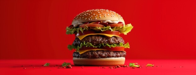 Wall Mural - Hamburger With Lettuce and Tomato on Red Background