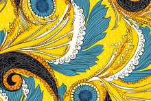 Seamless African Motif Ethnic Traditional Pattern In Beautiful Yellow And Blue Colors.