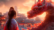 Niña mirando a un dragón chino como símbolo de la suerte en al cultura china