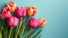 Flat Lay Pink And Orange Tulip Bouquet On A Light Blue Plain Background With Copy Space For Mother's Day - AI Generated