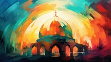 Muslim Mosque Dome Watercolor Illustration, Decorative Ornaments Celebrating Eid Al Fitr And The Month Of Ramadan.