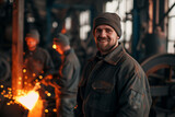 Fototapeta  - A man in work clothes smiling in the background of production in a factory with sparks and fire, Steelworkers welders foundry workers