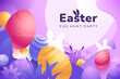 Creative Easter background in cute cartoon style. Abstract Easter decoration with colored eggs, spring flowers, grass and bunny ears. Spring banner design with place for text. Vector illustration.