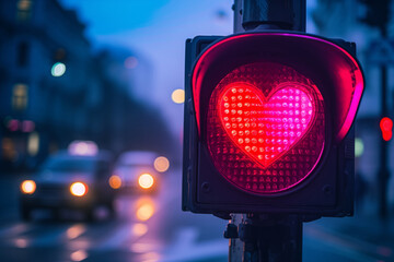 Wall Mural - Traffic light in the form of a red heart on the background of the night city, the concept of falling in love